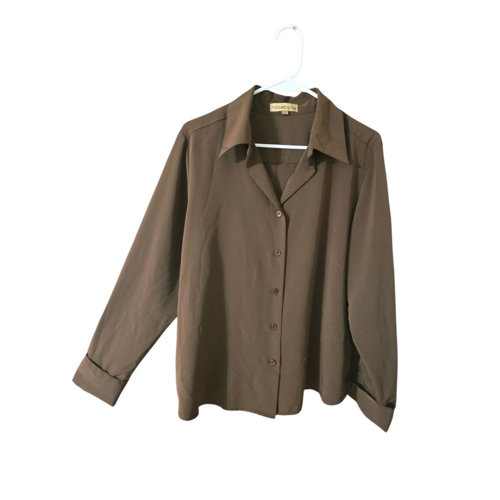 Brown Satin Long-Sleeve Button-Down Blouse Top XL Notations Vintage